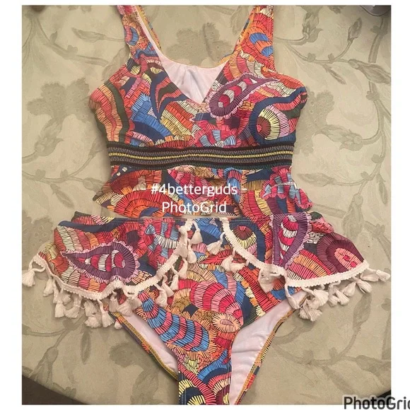 New Tankini Ruffle Colorful Abstract Graphic Boho Print Tassel Swimsuit Medium - Picture 8 of 16